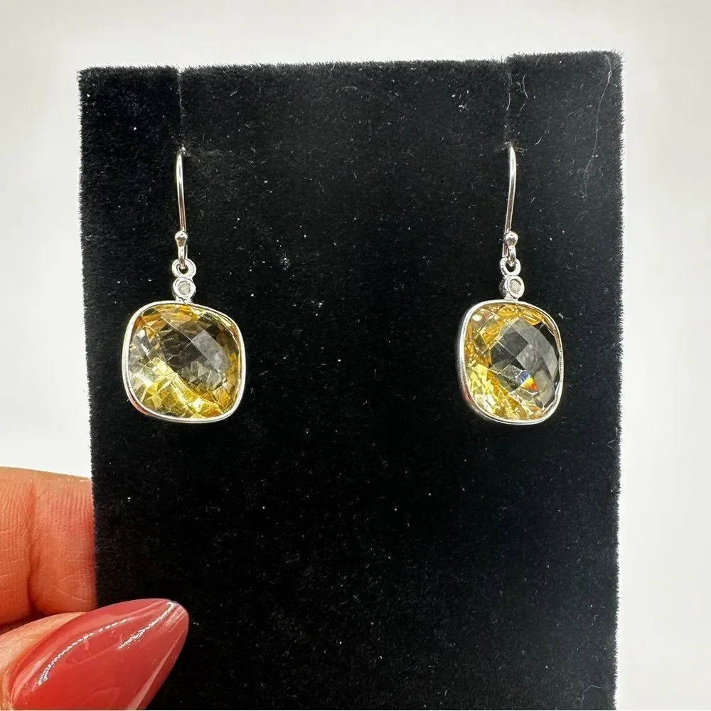 7.11cts faceted checkerboard cushion cut citrine on 925‎ dangle earrings!